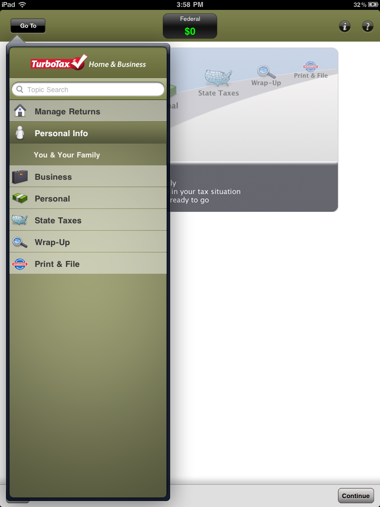 Final navigation design — slide-out menu anchored to left, Continue button bottom right