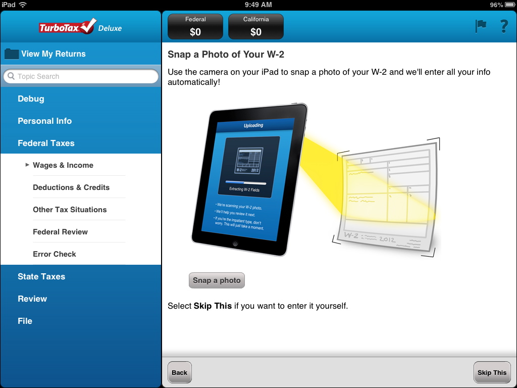 W2 Photo Snap screen — camera captures W2 and auto-populates all fields