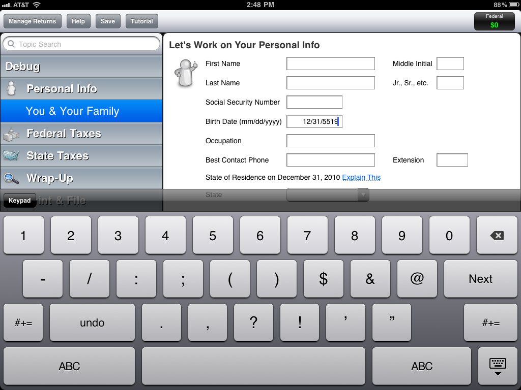 Full QWERTY keyboard taking up half the screen during tax data entry