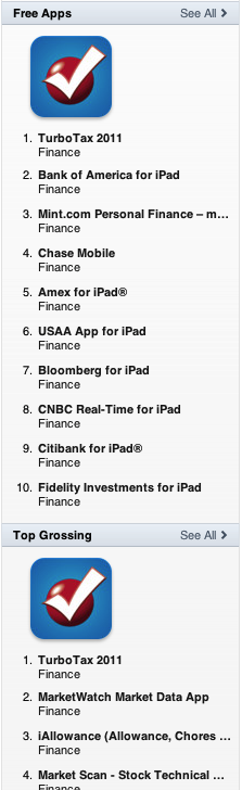App Store chart showing TurboTax #1 in both Free Apps and Top Grossing — 2011