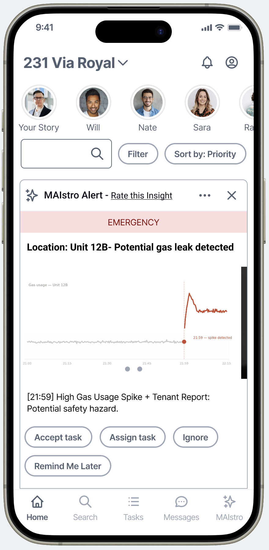 MAIStro home feed showing the standard alert card view — team member avatars at top, search and filter bar, priority-sorted recommendations, dispatch actions inline