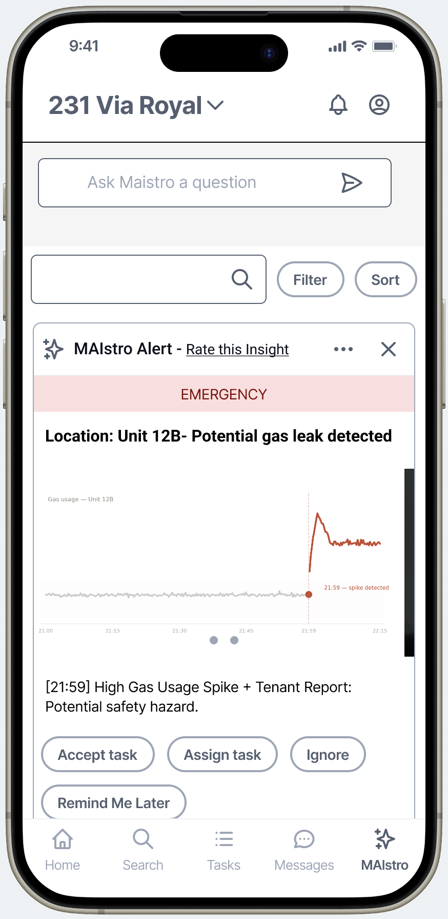 MAIStro home feed showing an EMERGENCY alert for a potential gas leak in Unit 12B, with an inline gas usage chart showing a sharp spike at 21:59, and dispatch actions: Accept task, Assign task, Ignore, Remind Me Later