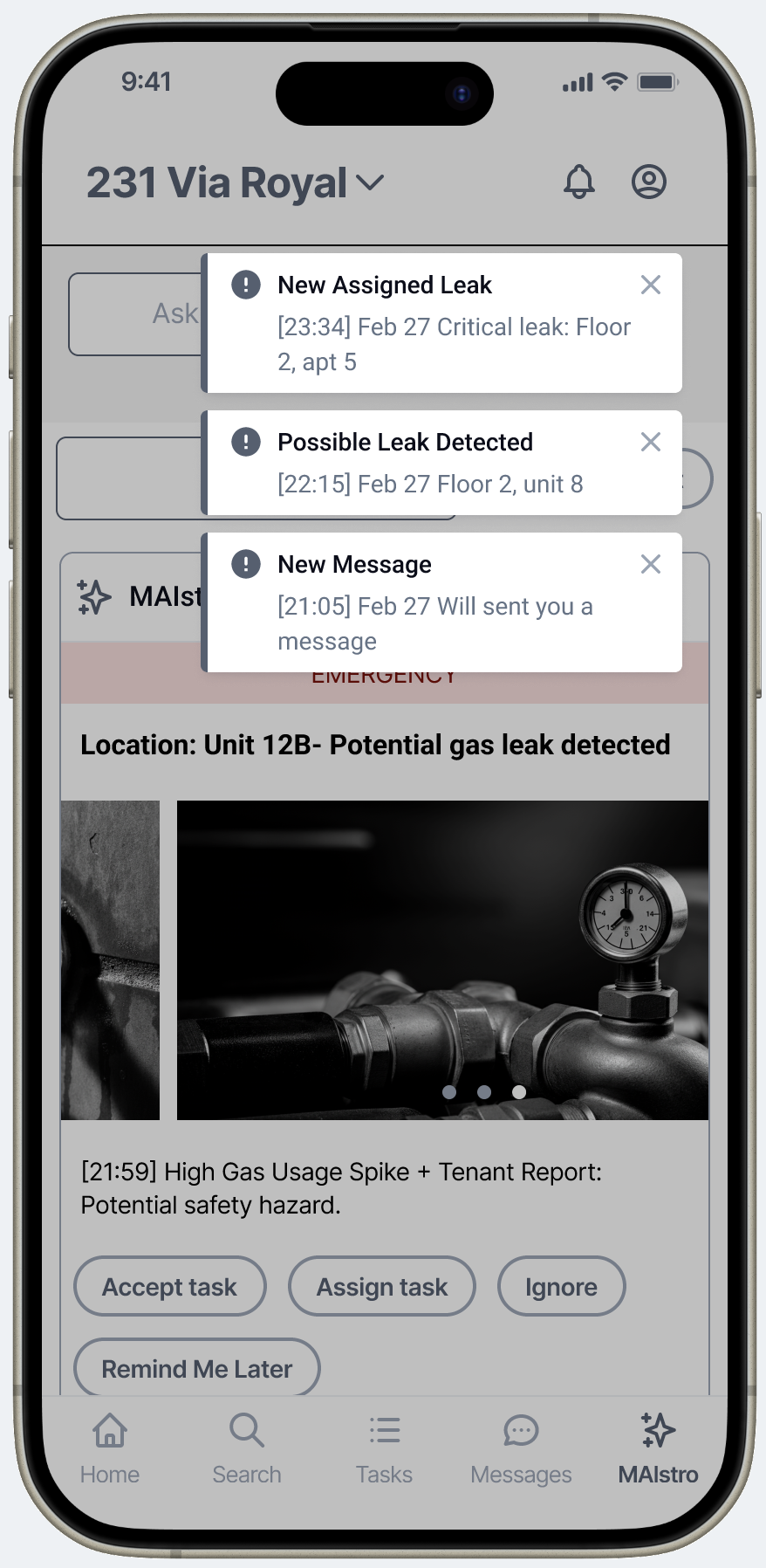 MAIStro home feed with notification tray open, showing three contextual alerts: New Assigned Leak, Possible Leak Detected, New Message — all tied to specific locations and timestamps