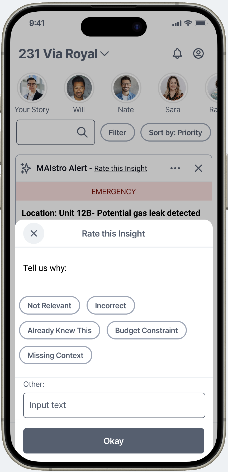 Rate this Insight follow-up — Tell us why: chip options including Not Relevant, Incorrect, Already Knew This, Budget Constraint, Missing Context, and free text Other field