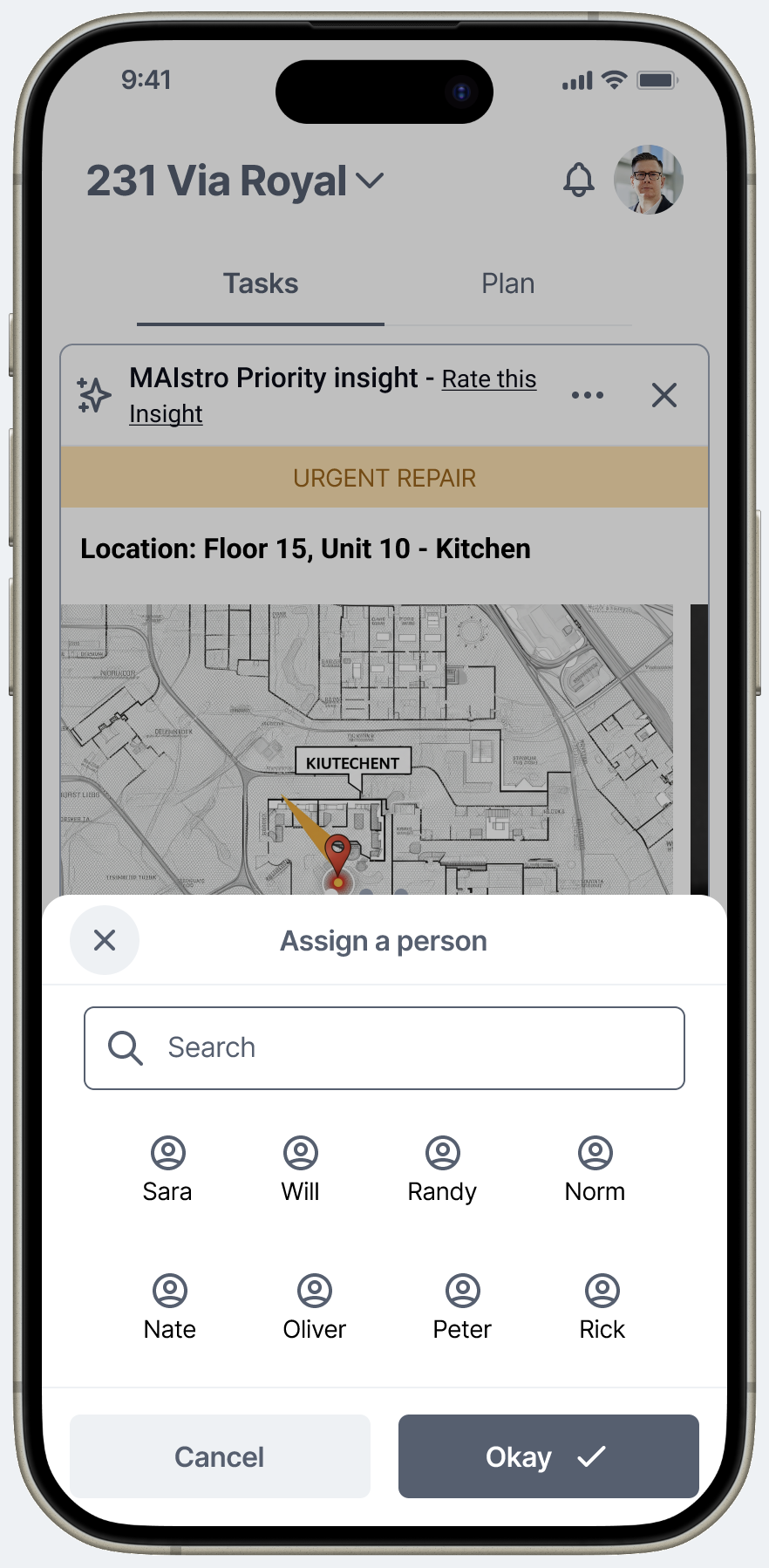 Task view showing Urgent Repair card for Floor 15 Unit 10 Kitchen, with floor plan map pinned to location and Assign a person modal open with team member grid
