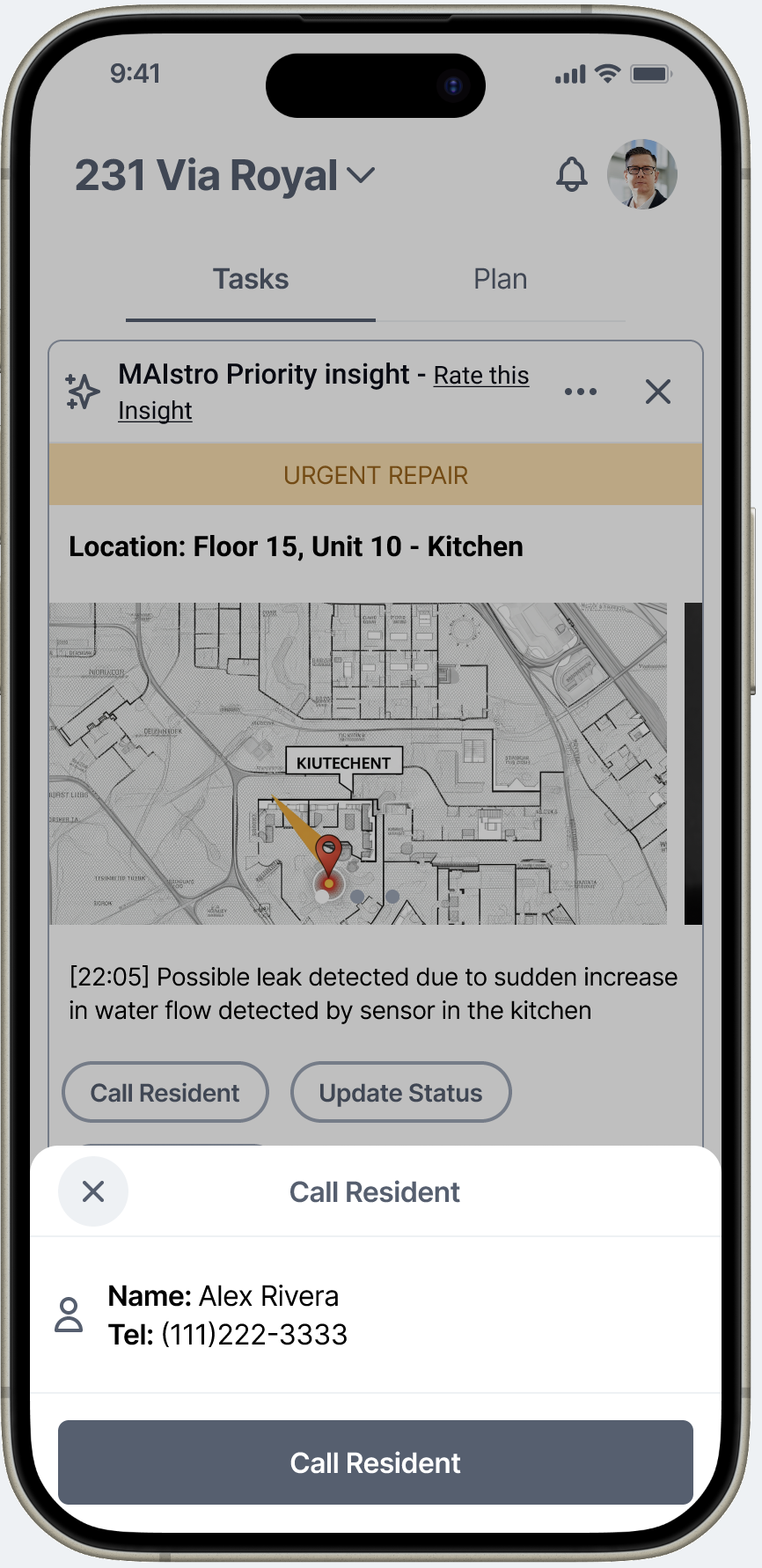 Task view with Call Resident modal showing resident name and phone number and a Call Resident CTA button