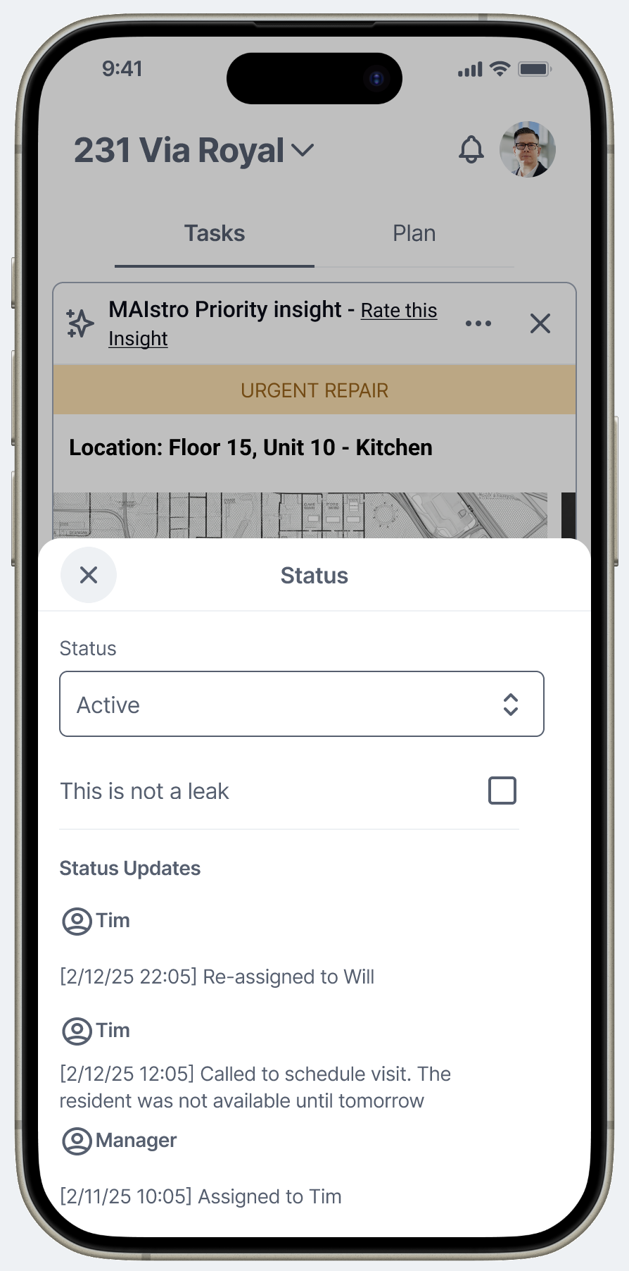 Status update modal with Active status dropdown, a This is not a leak checkbox, and a full audit trail of team actions with timestamps