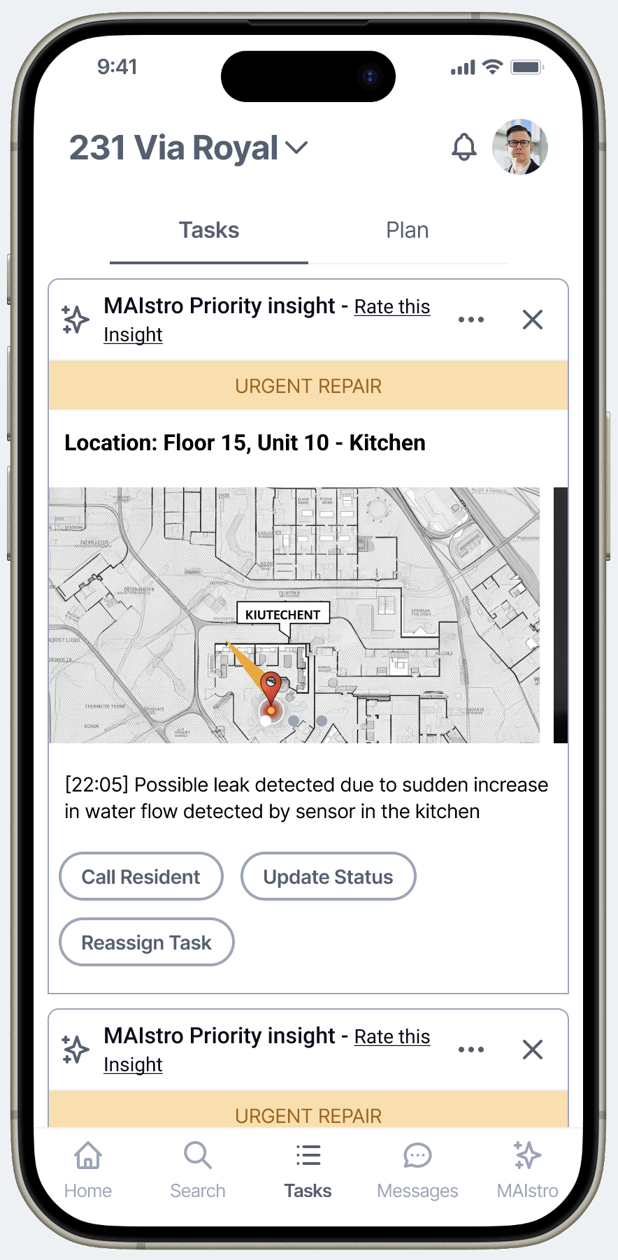 MAIStro tasks feed showing two Urgent Repair cards with floor plan maps, sensor data descriptions, and action buttons: Call Resident, Update Status, Reassign Task